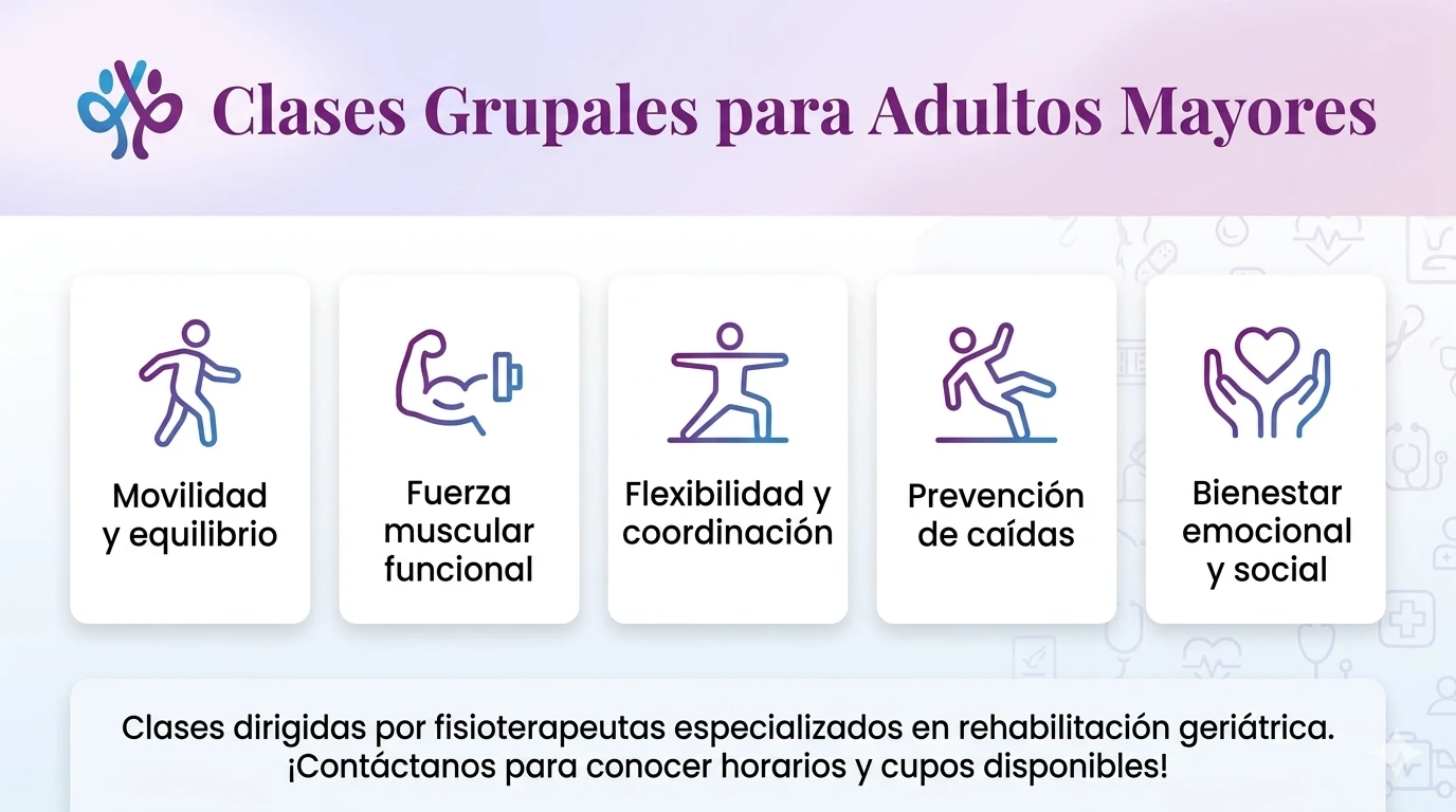 Clases grupales para adultos mayores "Salud y Movimiento": movilidad y equilibrio, fuerza muscular funcional, flexibilidad y coordinación, prevención de caídas y bienestar emocional y social, dirigidas por fisioterapeutas especializados en rehabilitación geriátrica.